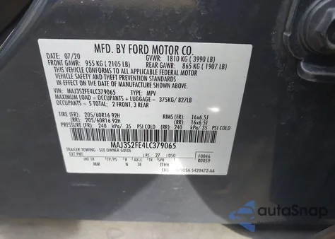 2020 Ford Ecosport S z USA, uszkodzony, nr VIN MAJ3S2FE4LC379065